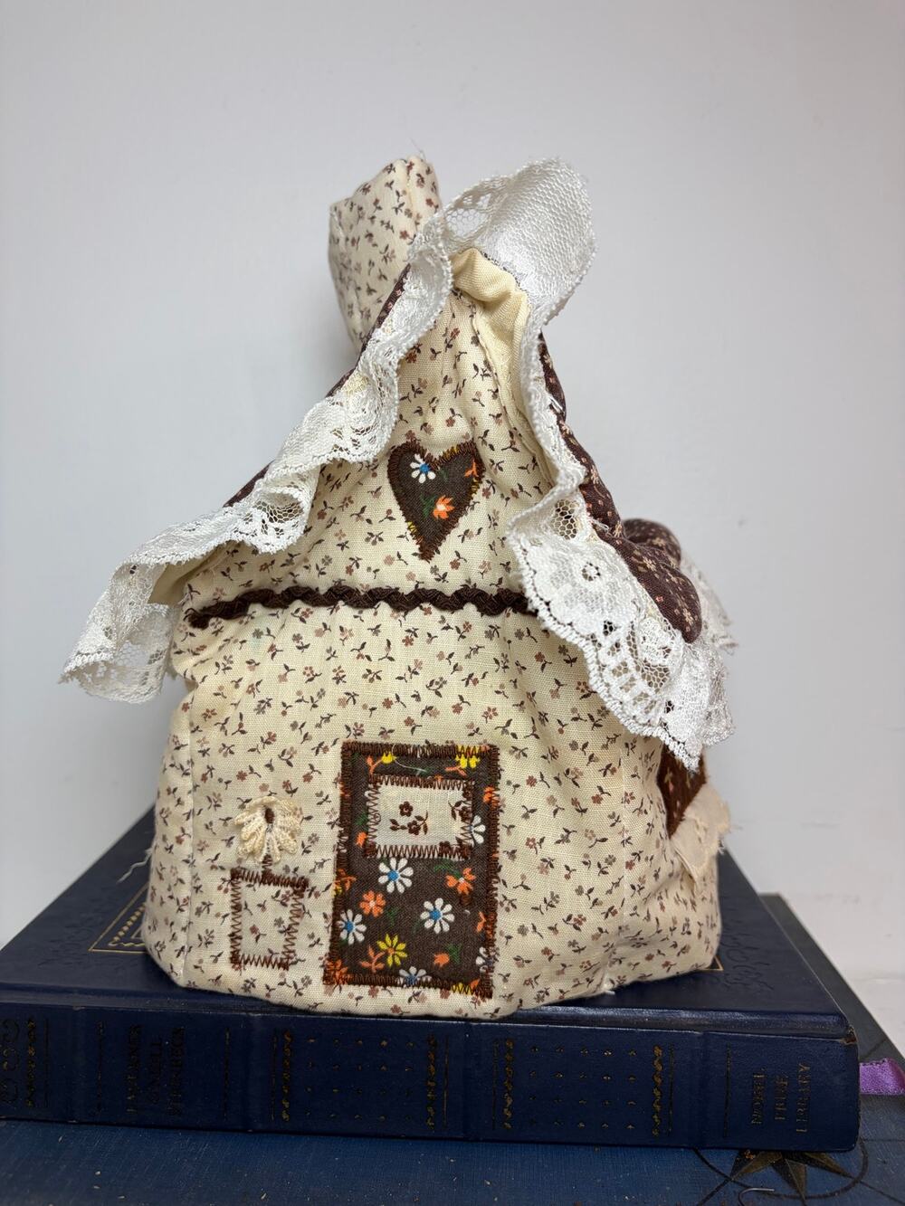 Vintage Brown Accents Handmade Fabric Shape of House Tissue Box Cover 8 x 9 x 5